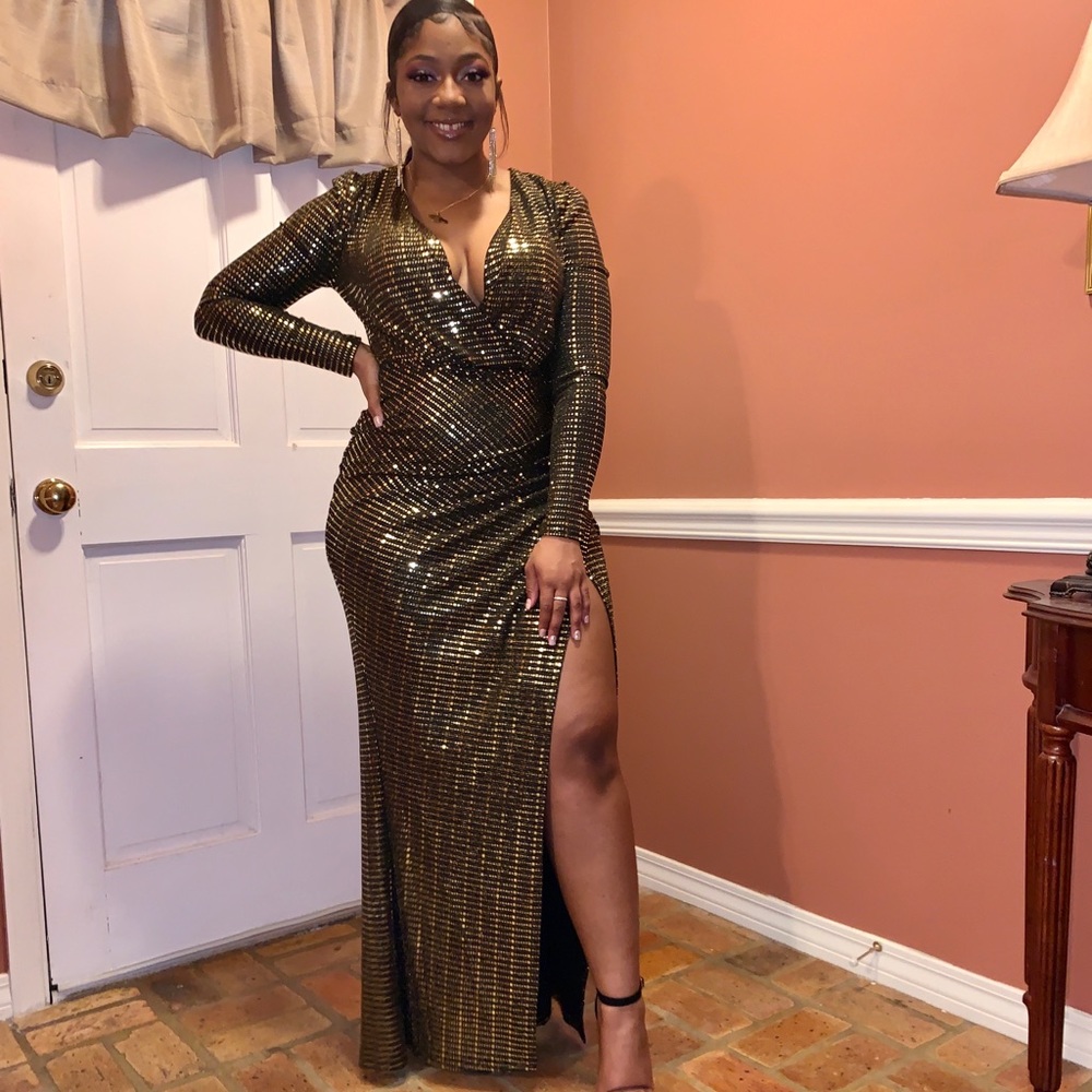 Black and Gold Floor Length Gown with Thigh Split and Plunging Neck